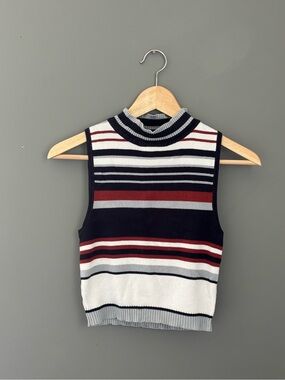Forever 21 Striped Sleeveless Mock Neck Knit Top - Navy, White & Burgundy Size S